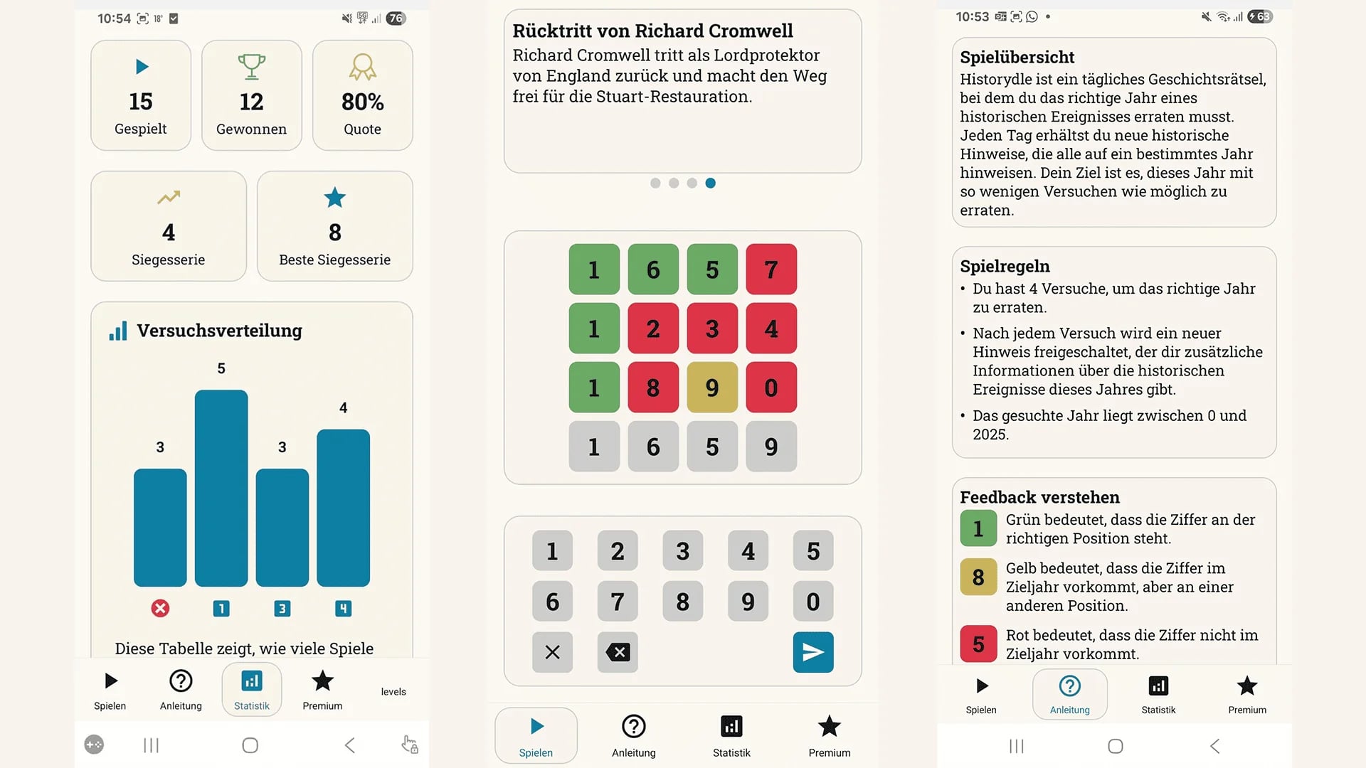 Screenshots der App Historydle